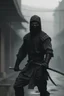 Placeholder: plano alejado de un ninja con ropa de combate negra, ambiente de fabrica urbana con tonos grises y obsuros con niebla, portando en una de sus manos una espada