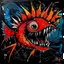 Placeholder: colorful red orange angler fish by Jean-Michel Basquiat, large mouth with many tiny sharp teeth, acrylic painting, high contrast, bright warm colors, dark black ocean bottom bacground