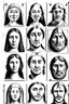 Placeholder: diferent medieval faces of diferent medieval people with diferent expressions, some dramatic, somo happy. the style is minimal black and white stamp. in the sheet there are more than 5. very diverse court memebers and everyday people. man, woman, kids. white background