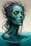 Placeholder: illustration of a drowned undead shape shifting female water spirit in the style of Alex Pardee and Jean Giraud Moebius, highly detailed, boldly inked, deep murky aquatic color