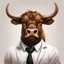 Placeholder: 2D cartoon, painting, a (brown bull [Billy] with horns) wearing a white shirt and black tie. Happy face. No text. White background