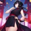 Placeholder: Clear focus, High resolution, Black hair, low small ponytail, purple dead eyes, japanese outfit, serious expression, one arm on hip, other hand free, purple red white and black outfit, short skirt, ahoge, (solo), hair between eyes