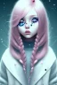 Placeholder: girl, cute, beautiful, big nose, pink hair, long hair, blue eyes, black sweater, blood splatter, long eyelashes