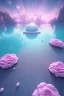 Placeholder: lac turquoise, rocher avec mousse, fleurs rose et blance, petit dome, etoile filante, cristaux, vray