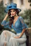 Placeholder: full body beautiful girl, elegant blue lace clothes of the 80s, luxury style, small elegant hat with feather, hair of the 80s, pearl necklace, earrings masterful, beautiful face