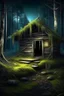 Placeholder: magic fabulous forest, old dilapidated hut in the forest, moss on the ground, fantasy, photorealism, clear drawing of all details, dark, night, moonlight, mysticism