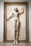 Placeholder: a tall slender woman is standing in front of a large white picture frame displayed on the wall of an art gallery. The frame is traditional in style but looks like and has the texture of white clay. Her arms are outstretched like da vinci’s vetruvian man, and the length of her arms and body corresponds to the width of the picture frame. Her feet are perched on a surreal small shadow rock and it looks like she is floating above calm water. The picture is without canvas but an abstract landscape em