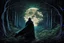 Placeholder: pessoa usando uma máscara azul pintada com branco e um manto preto no meio da floresta olhando pra frente, árvores verdes e muita mata, a noite, desenho do espírito da lua, imagem cinematográfico, com cores vibrantes, espírito olhando pra a quarta parede