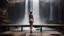 Placeholder: A nude female figure standing on a wooden platform, surrounded by a dark, industrial environment with a large, cascading waterfall in the background