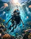 Placeholder: Make a image of a young boy wearing scuba gear, underwater with fish, jellyfish and bubbles. Low angle view looking up towards the surface of the Ocean, Photorealistic.