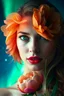 Placeholder: Bright peony flowers deconstructed in a foreground portrait of a beautiful woman with green eyes and a space and cosmos background with side portrait lighting. Double exposure and inverted image of the beautiful aurora borealis. Bright comets glow in an atmospheric haze. Harmony and symmetry in majestic beauty. Image in shades of orange, green, blue, red, yellow, delicate pink and red tones (saturated red lips, glowing blue eyes, golden brown hair).