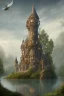 Placeholder: Fantasy three-story Gothic Tower, With A Side Building, On An Island, In A Lake, In Woodland, With A Flying Boat Overhead