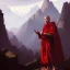 Placeholder: Portrait of a monk, red robe, mountain background, fog, face front, grimdark, Frank Frazetta, Greg Rutkowski, hyperdetailed, dnd, trending on Artstation, Splash screen art, dynamic lighting, hyperdetailed, intricately detailed, a masterpiece, 8k resolution