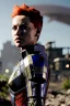 Placeholder: ultrarealistic, ruined city,__mass effect armor__, __angles__, 19 year old woman, strikingly beautiful, ginger hair, silver colour, [__starlets__|__starlets__], (pale __skincolor__ skin:1.2), __camera__, _hair_, detailed face and eyes, medium breasts, leather choker, freckles, dynamic pose, resolved expression, __accessory__, strappy outfit, (straps:1.1), sword in scabard on left hip, (buckles, buttons, snaps, rings:1.0), haltertop style breastplate, detailed eyes, plump lips, sci-fi theme