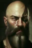 Placeholder: Portrait of a bald man, muscled, with quite-long brown beard, a black bandage on his left eye like a pirate