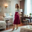 Placeholder: very beautiful lady with beautful midi skirt and blouse standing in a luxury bedroom with high heels next to makeup desk looking to camera