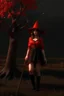 Placeholder: a young witch in a red low-cut short skirt, standing under a black tree, with a staff in one hand, photorealistic, delicate detail.