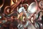 Placeholder: beautiful lady with todays modern clothing and sport shoes, in surreal stage made of 3d fractal random size recursive objects with helical strip colors in clothing similar to environment full body dancing to camera,animating background metallic random color and size recursive objects