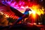 Placeholder: high dynamic range photograph with rich details in both shadows and highlight of a beautiful hyper-detailed proud phoenix made of colorful felt with extended wings, its head with its hooked beak, resting on a forest tree branch at sunset
