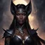 Placeholder: Behold, the obsidian huntress! Her beauty is as captivating as a storm cloud, with dark skin that gleams like polished ebony under the flickering torchlight. Pointed elven ears, reminiscent of a Castlevania vampiress, frame a face as striking as a panther's. A smile, both alluring and predatory, bares sharp fangs that glint with an unnatural sheen. Her eyes, the color of smoldering embers, seem to hold the secrets of forgotten battlefields.