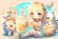 Placeholder: cute blonde chibi girl with an iced cocktail surrounded with cute chibi animals (mostly cats) in sunshine