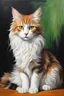 Placeholder: Oil on canvas of a beautiful cat with long, wavy, thick hair, pointed ears, bright green eyes, orange, black and white colors, ultra quality, (((full body))), sitting on the floor