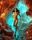 Placeholder: make a video pretty crystal cave covered with jewels and CIFI jewel lights and 3d recursive cubic and sphere base pearls and jwels a beautiful fashion model lady with cute,curvy hair,makeup, in pretty sports suit is running inside cave ,dynamic camera fallow her inside cave capturing full body, dynamic lights.