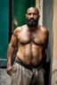 Placeholder: close up photography of an ugly 40 year old stocky big robust burly marocan homeless, wearing his work pants, shirtless, leaning with his back on the wall, crossing arms, dirty, sweat, wet, ajar mouth, hairy chest, , very virile, short beard, shaved hair,, , in a sunny street, photorealistic , frontal view from the ground