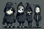 Placeholder: 6 simple shaped shaped hand drawn cartoon characters that are cute dark and have hoodies