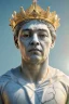 Placeholder: Ultra Realistic image, classic sculpture, white marble material, Maradona, gold laurel leaves crown, gold veins, gold ornaments, sun rays background, waist up portrait, epic, celestial, cinematic lighting, God lights, 4k resolution, smooth details, soft lighting, unreal engine 5, art station, substance 3d.