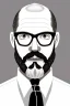 Placeholder: black and white,real estate agent,bald white male with bushy grey beard,55 years old,metal wire frame glasses,, necktie,portly,detailed drawing,white background