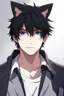 Placeholder: A young man with messy black hair, black cat ears on his head, blue eyes. No human ears.