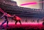 Placeholder: cyborgs fighting against each other in roman colosseum, perfect, sharp,red blossoms, laserweapongs,8k quality, cyberpunk art, neon lights, rustical, old technology, pink shining, showkampf, antik, römisches empire, wide angle,Art by John Berkey and John Harris and Craig Mullins, futuristic cyberpunk city, high rise, smooth, sharp focus, hyper detailed, digital painting, elegant, centered, detailed, neon signs, volumetric lightning, brutalist architecture, 8k, flying hover cars