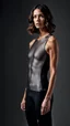 Placeholder: photography of a beautiful anorexic woman, grey satin triathlon top, sports illustrated, brunette short wavy bob haircut, pronounced sternum, flat chest, anthracite short leggins