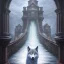 Placeholder: fantasy art, book cover, big mad wizard in front of the ebony stairs of a bridge or dam ,icy water, on the bridge is a wolf, there is also a hawk