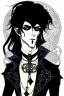 Placeholder: goth male necromancer with black hair and gothic jewelry in the style of Aubrey Beardsley