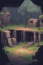 Placeholder: A 2d pixel art environement for a platformer video game. Old abandoned military camp underground.