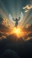Placeholder: A beautiful angel with shiny crystals wings glowing flying above swirling clouds, emerges from the heart of a raging storm. Turbulent winds of steam swirl around the sun lit by shafts of sunlight that cast dramatic shadows on the A beautiful sun , High quality 16k cinematic scene and great photography
