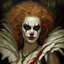 Placeholder: Photorealistic, Cajun swamp, A beautiful evil smirking scary looking, white young lady clown, reddish blonde hair, from Louisiana bayou with fine realistic black gold and red feathers, gorgeous face and features, a poor lady but beautiful and interesting background, award winning photo, Karol Bak, Caravaggio,