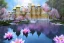 Placeholder: a magical crystal flower lotus magnolia lys bougainvillier, blue gold house +++russian palace castle in the woods, magnolias pink,blue lake,sun,white swanns,pink vertical, blue lake,sharp, vines, candlelit, endor, ornate, elegant, highly detailed, artstation, concept art, smooth, sharp focus, illustration, 8k, splash art, wallpaper, key visual