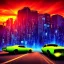 Placeholder: art deco, cyberpunk, two neon muscle cars, race, desert road, sunset, full colour, hd,