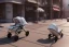 Placeholder: Looking downward at a Large baby carriage on a sidewalk. The baby in the carriage looks like A young Donald Trump