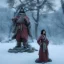 Placeholder: only wonderfull japanese woman, big chest, in snow, portrait, viking costume, village, meditation, woods, cyberpunk, 8k quality