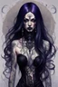 Placeholder: illustrration of a woman with dark purple-black long hair and black tattoos on her body, a cold, indifferent expression, silver and black onyx jewelry, black lace dress, cybernetics, crepy stunning anthropomorphic female, Minjae Lee vibe, cbybernetic and etheral human, ancient deity, by Vincent Lefevre and Yoshitaka Amano, stunning