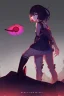 Placeholder: Leave the character above in another position facing the screen smiling, smiling in a psychopathic way, with one of his eyes open, glowing red, and holding the electric saw in his hand of it in front of the body