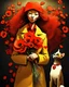 Placeholder: Create a moving illustration of a red girl wearing a yellow coat holding a bouquet of red poppies, standing peacefully, head leaning upward. A Oriental shorthair Siamese chocolate point cat with a red heart-shaped collar sits at her feet, looking up adoredly. Use a dark, textured background to accentuate the heat of the subjects. Emphasize a calm and introspective atmosphere. HD