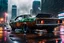 Placeholder: photo of a retrofitted cyberpunk 1969 Dodge Charger R/T model with (heavily battered:1.6) and rusty body, special assembly parts fitted to the hood and roof, black windshields, aggressor thin led headlights and rusty dark rims, menacing car style, cyberpunk city scene in background, towering skyscrapers, heavy rain