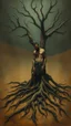 Placeholder: Bosch painting style nightmare, a man with tree roots legs in the ground , in the desert sands , dramatic sad scene, fantasy, scary.