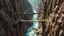 Placeholder: In a fantasy world, a deep gorge with vertical stone sides has a tumultuous river flowing at the bottom. At the top, a very tall straight tree has been felled and lies across the gorge, forming a simple bridge. The scenery is awe-inspiring. Colour photograph