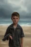 Placeholder: desaturated oil painting of boy on beach, old clothes, dark storm clouds overhead, gloomy, bleak, little fires